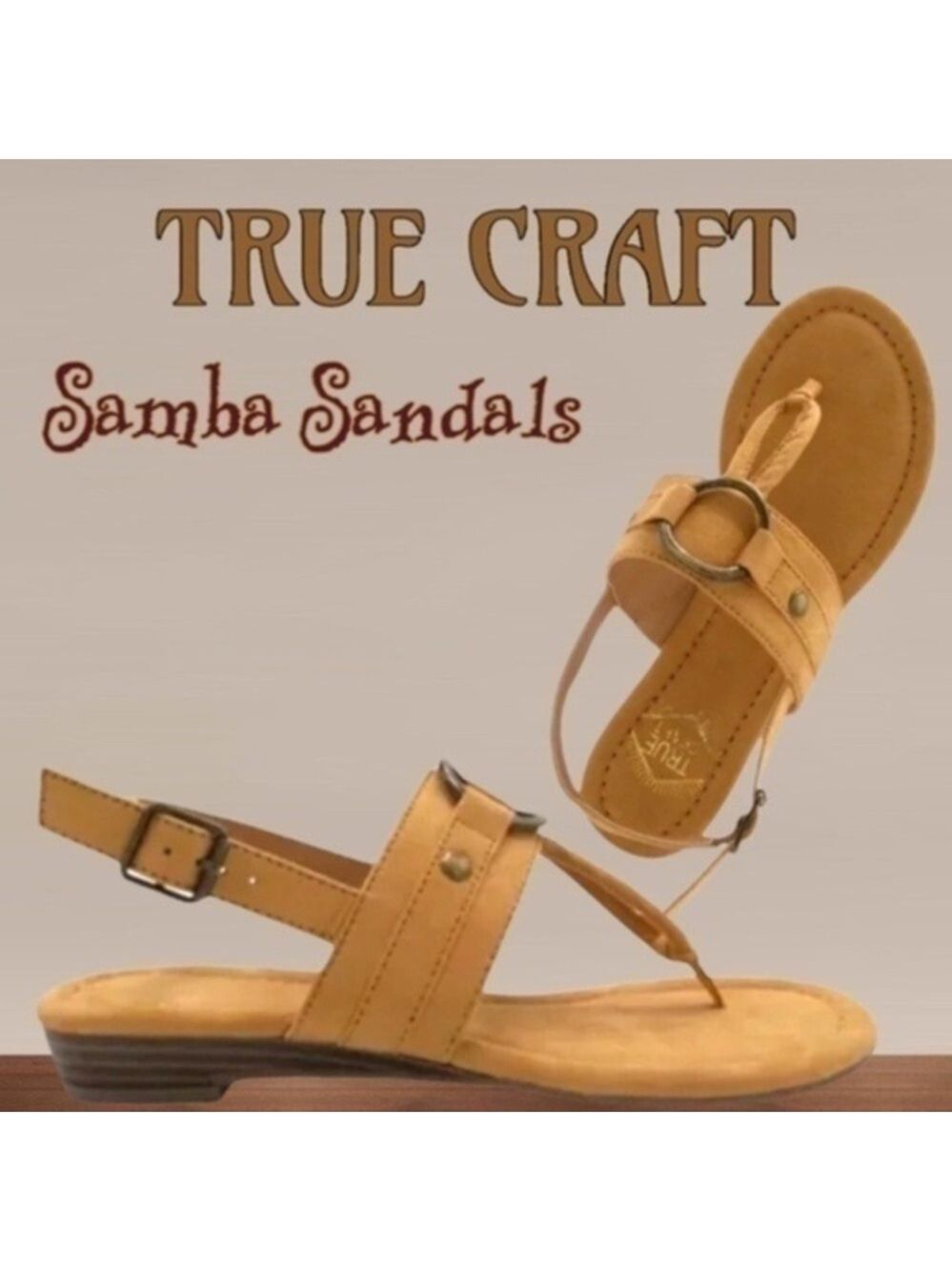 TRUE CRAFT Brown Suede Thong-Style Ankle Buckle Samba Sandal NWT/Sun Squash/10